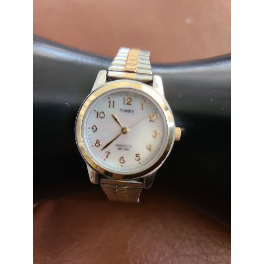 Timex Watch Women 25mm Silver Gold 2 Tone MOP Indiglo Stretch Band Need Battery